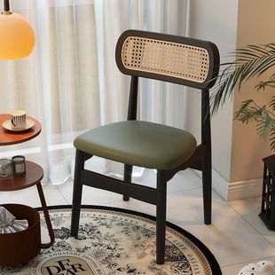 实木餐椅家用藤编椅子高级靠背带软包法式餐椅藤椅餐桌椅饭店民宿