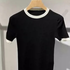 商场同款2023年秋新款上衣圆领时尚百搭修身短袖针织衫女30818011