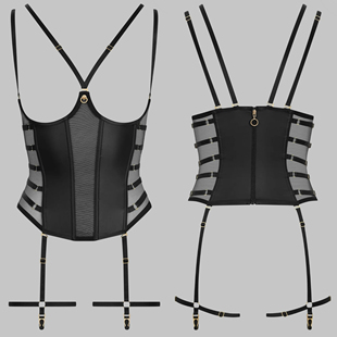 Maison close 黑色哑光皮革网纱镂空胸衣上衣 吊袜带 身体绑带