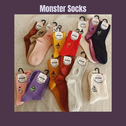 MONSTER超舒服 姆明袜子亚美 运动袜棉袜羊绒袜 纯色刺绣中筒潮袜