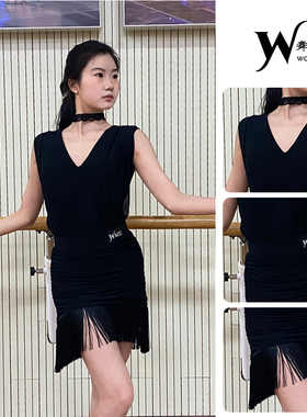 WMS2025拉丁舞服少儿练习服春秋新款V领流苏舞蹈裙专业演出服