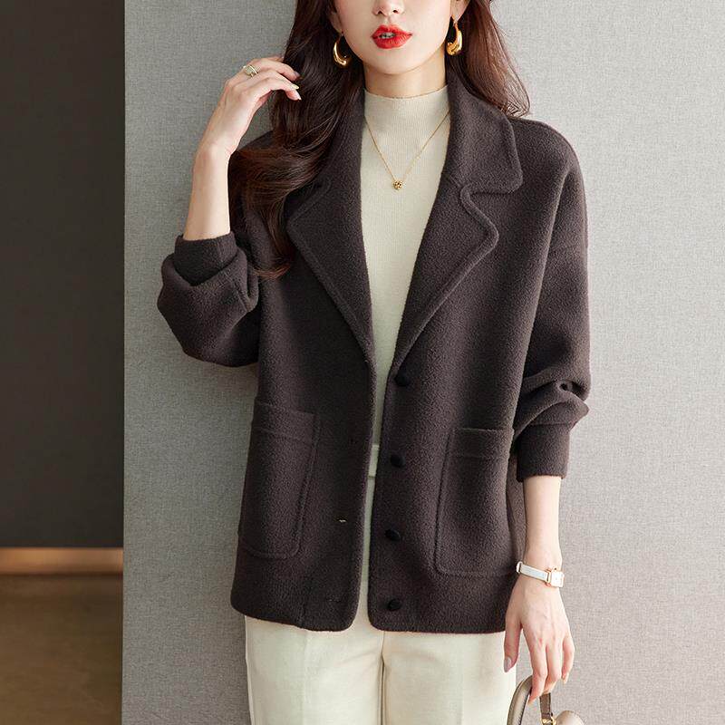 时尚春装毛呢外套女春秋2025新款洋气大码西装领羊绒针织上衣开衫