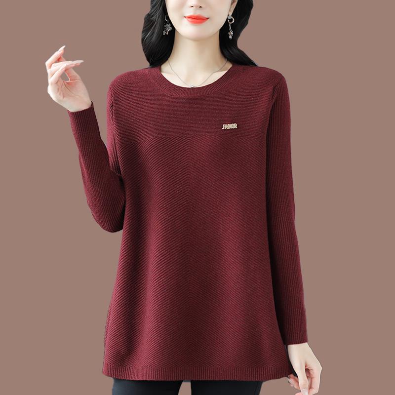 中老年妈妈毛衣女秋冬宽松显瘦遮屁股200斤针织衫圆领羊毛打底衫Y