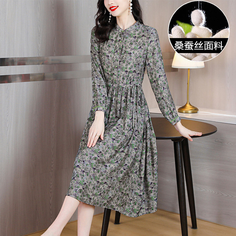 大码宽松连衣裙女2023秋季新款妈妈高端大牌真丝桑蚕丝印花长裙子