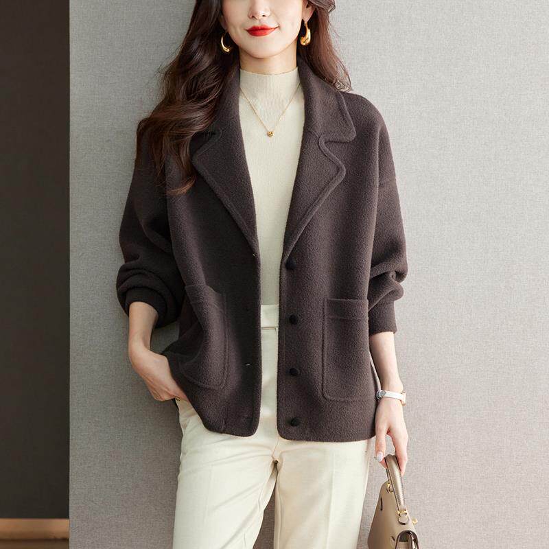 高级感西装领双面呢羊毛外套秋冬洋气小个子宽松大码羊绒外搭开衫