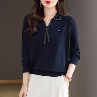 长袖 针织衫 打底上衣服 翻领毛衣女宽松洋气加大码 中年妈妈春秋新款