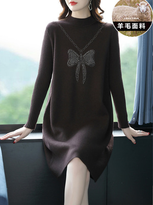 2025秋冬新款女中长款高级毛衣连衣裙洋气大码宽松羊毛针织打底衫