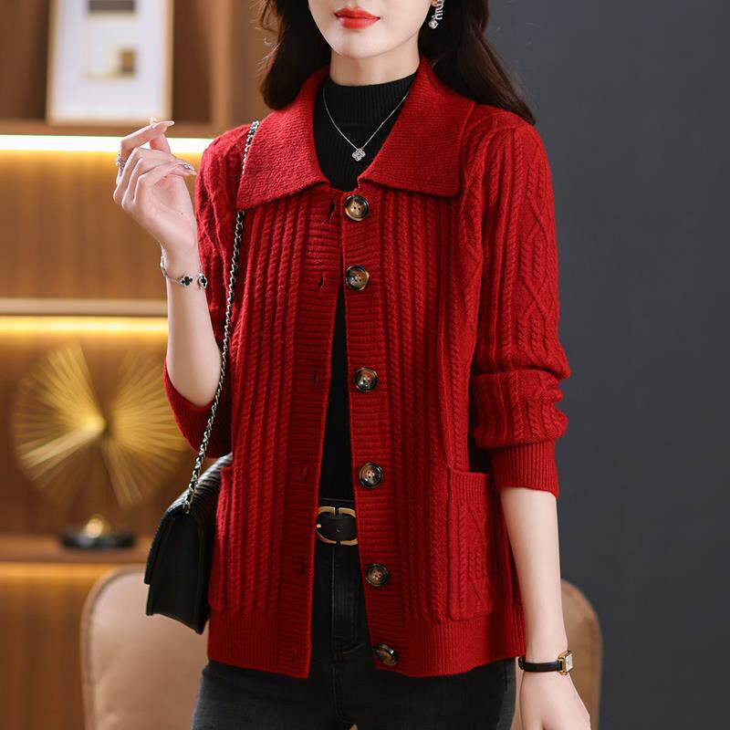 大码女装羊毛衫针织开衫女春装高级感胖mm宽松翻领毛衣外套女上衣