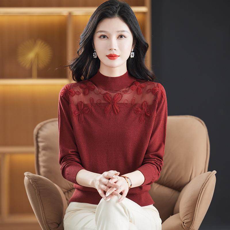 春秋季新款半高领网纱刺绣长袖针织打底衫女洋气百搭羊毛宽松上衣