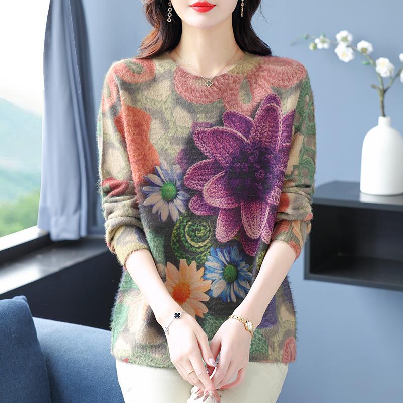 中年妈妈秋冬羊毛衫女宽松加肥加大码毛衣遮肚显瘦印花针织打底衫