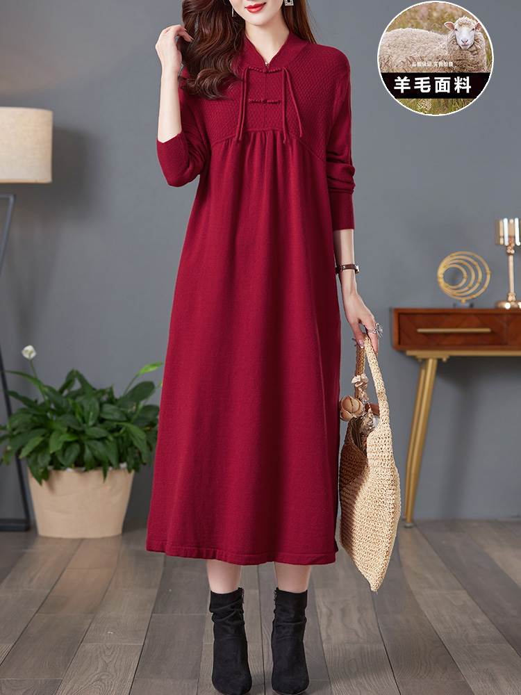 2023秋季新款宽松大码红色连衣裙女妈妈气质中式羊毛针织毛衣长裙