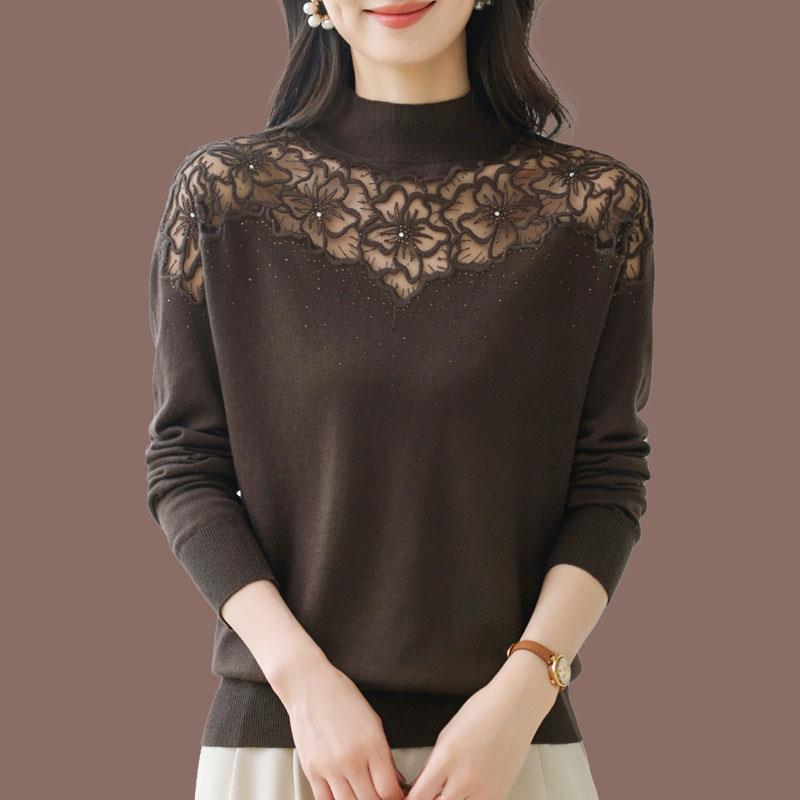 阔太太时尚百搭打底针织衫大码宽松遮肚子镂空网纱羊绒羊毛衫上衣