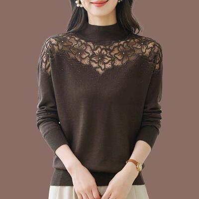 阔太太时尚百搭打底针织衫大码宽松遮肚子镂空网纱羊绒羊毛衫上衣