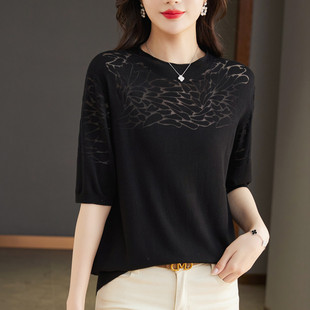 妈妈夏装冰丝针织衫短袖t恤女宽松洋气真丝桑蚕丝上衣薄款体恤衫