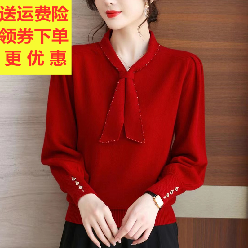 秋冬新款妈妈V领套头羊绒衫女宽松短款毛衣打底衫灯笼袖羊毛衫女