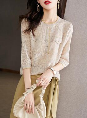 2025早秋镂空针织衫女小香风中袖上衣气质薄款七分袖t恤女春新款