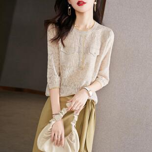 2025早秋镂空针织衫女小香风中袖上衣气质薄款七分袖t恤女春新款