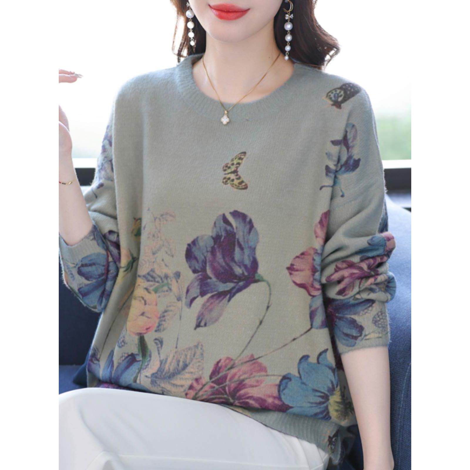 中年妈妈大码女装秋冬印花羊绒打底衫加肥加大老年人宽松遮肚毛衣