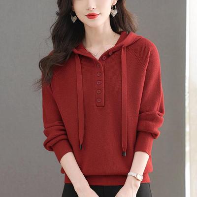 妈妈秋冬2025新款羊毛衫女休闲连帽卫衣宽松大码针织打底休闲毛衣