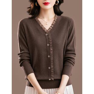 中年妈妈装春秋季冰丝针织衫长袖宽松上衣女加肥加大码桑蚕丝T恤