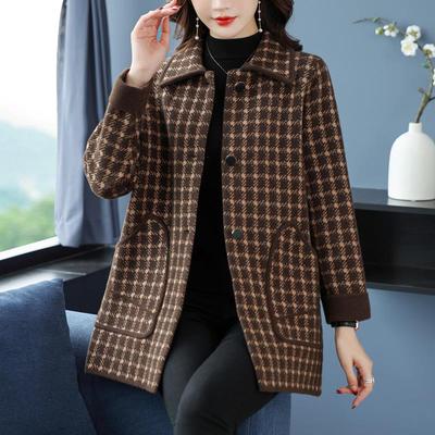 春秋季新款羊毛羊绒外套女胖mm中长款大码宽松经典格子大衣妈妈款