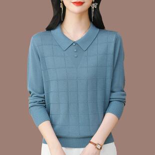 翻领中年妈妈打底上衣 t恤春秋2025新款 桑蚕丝Polo领针织衫 女长袖