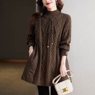 冬季女装加厚棉服拼接针织衫裙子中长款春秋半高领打底衫套头毛衣