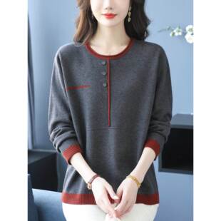 妈妈装春秋圆领针织衫女宽松大码洋气长袖t恤高端遮肚毛衣打底衫