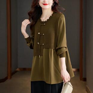 妈妈假两件针织打底衫女春秋新款宽松遮肚子衬衫洋气减龄长袖t恤