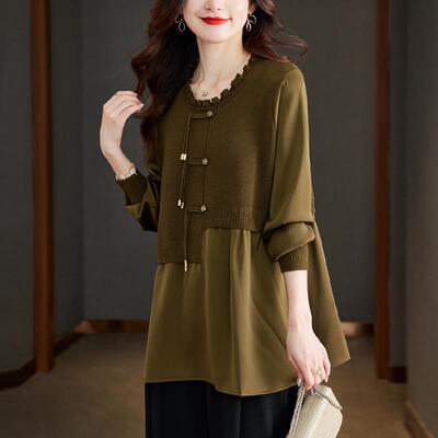 妈妈假两件针织打底衫女春秋新款宽松遮肚子衬衫洋气减龄长袖t恤