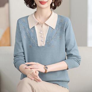 秋冬宽松羊绒上衣翻领打底羊毛衫 洋气中老年妈妈加肥加大码 女装
