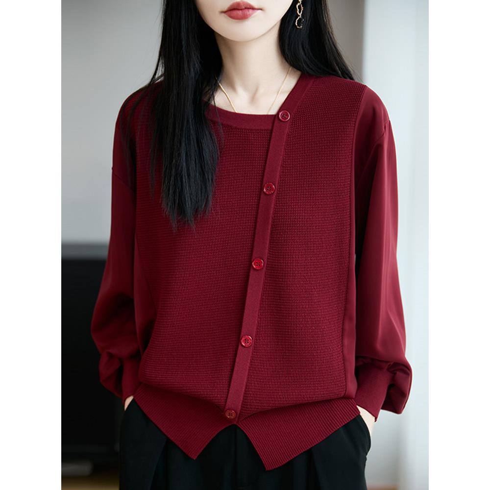 年轻妈妈春秋长袖拼接针织衫女宽松大码显瘦打底上衣时尚减龄衬衫
