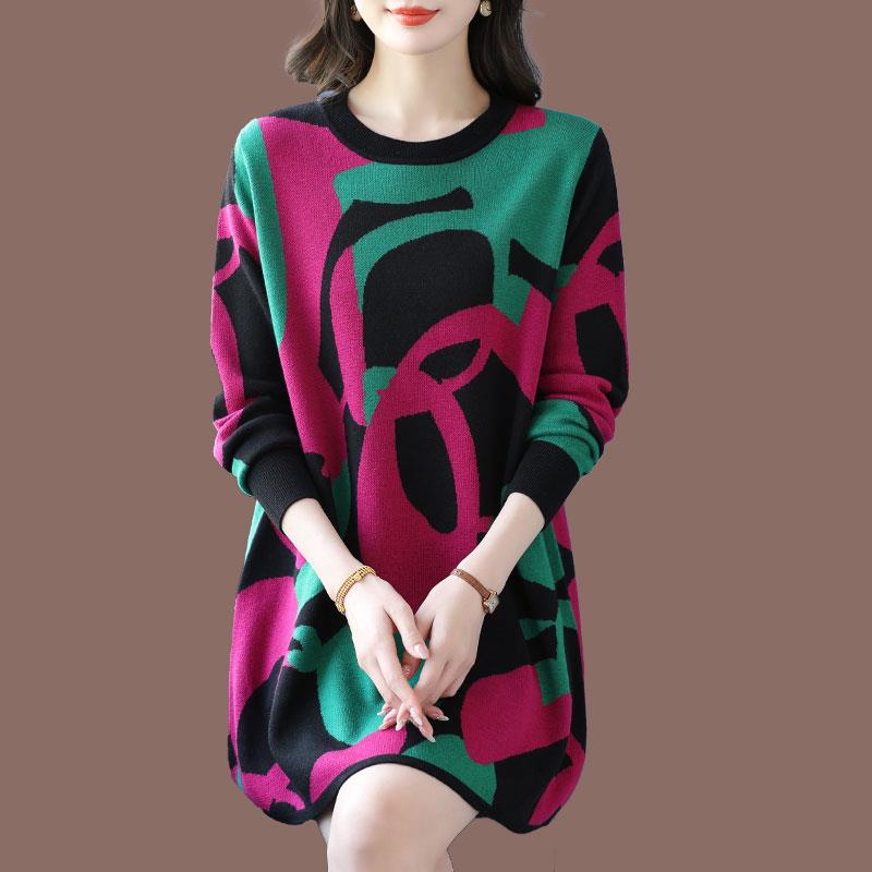 加大码撞色印花圆领羊绒毛衣女中长款宽松遮臀显瘦羊毛打底衫外穿