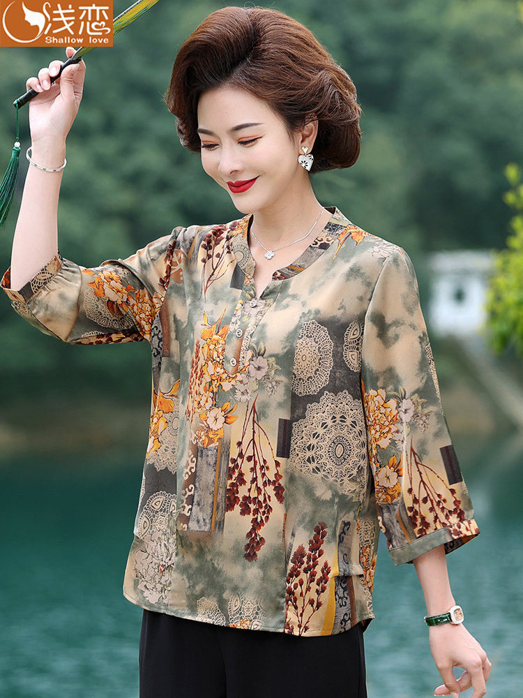 2023新款妈妈夏装七分袖衬衫中年女装洋气上衣中老年秋装雪纺套装