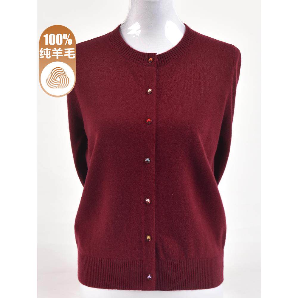 针织开衫女圆领毛衣外套秋装100纯羊毛衫妈妈宽松上衣洋气短外搭