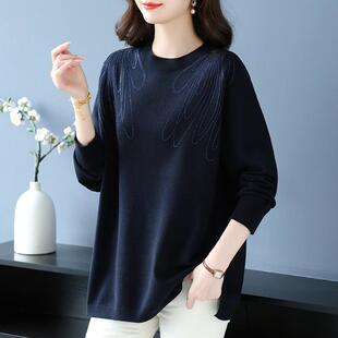 宽松遮肚羊毛上衣毛针织打底衫 胖妈妈秋冬装 圆领毛衣女加肥加大码