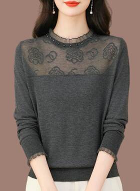 2025春秋中年妈妈长袖t恤女桑蚕丝漂亮时尚小衫蕾丝打底针织上衣