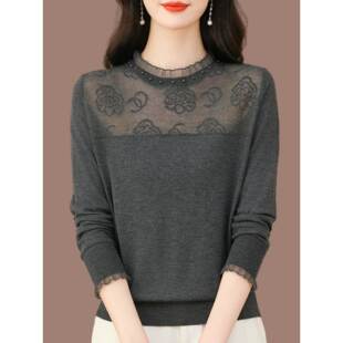 蕾丝打底针织上衣 小衫 2025春秋中年妈妈长袖 t恤女桑蚕丝漂亮时尚