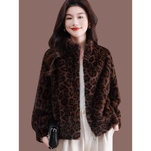 2024秋冬海宁豹纹皮草上衣新款 大衣 皮草连体拉炼立领貂皮丝绒女式