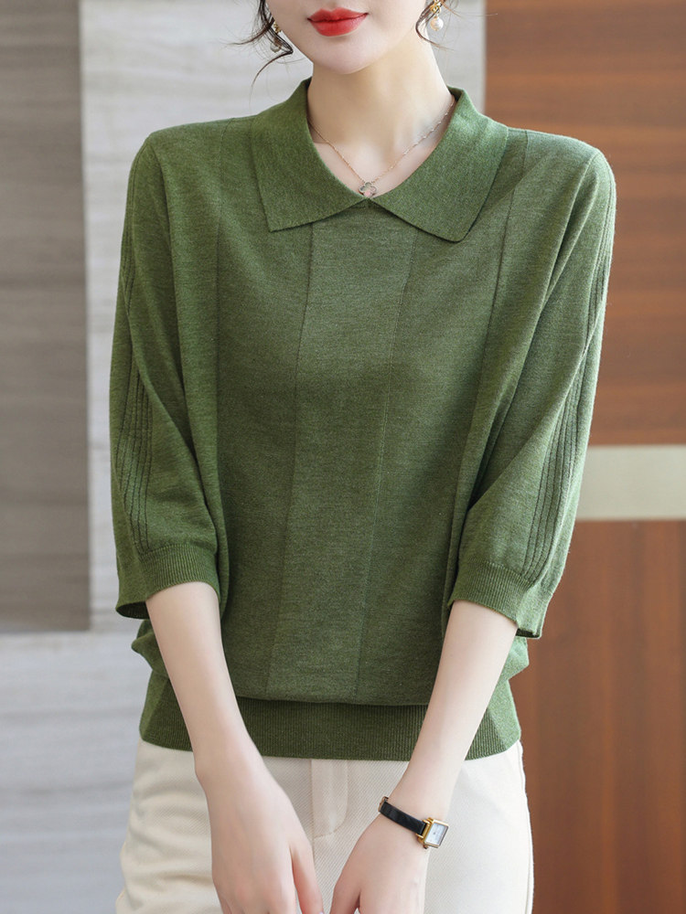 中袖七分袖上衣女秋装2023新款中年妈妈夏季漂亮小衫薄款翻领t恤