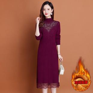 冬季一体加绒加厚中长款羊绒毛衣连衣裙过膝配大衣针织弹力打底衫