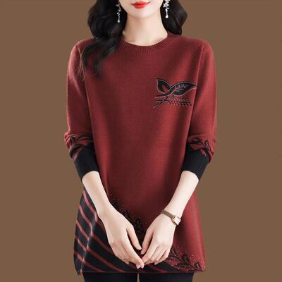 镶钻毛衣女秋冬中长款打底衫宽松大码女装羊毛衫妈妈装圆领A字裙