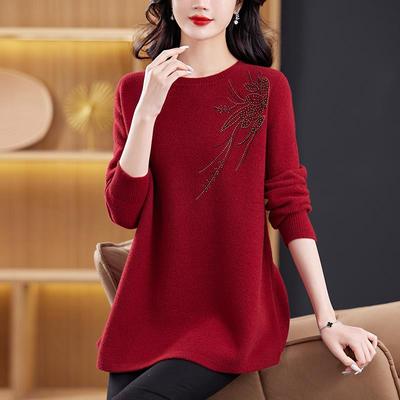 妈妈中长款羊毛衫秋冬加大码洋气圆领针织打底衫女宽松遮肚毛衣裙