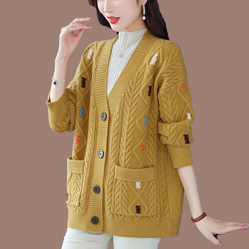 花色外套毛衣女秋冬加厚韩版宽松大尺码200斤针织上衣V领羊毛衫开