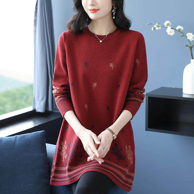 中老年妈妈装圆领毛衣女中长款打底衫绣花羊毛衫宽松大码女A字裙