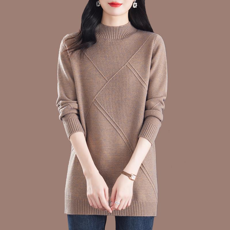 中年妈妈羊毛衫秋冬半高领毛衣女洋气宽松显瘦中长款针织打底衫厚