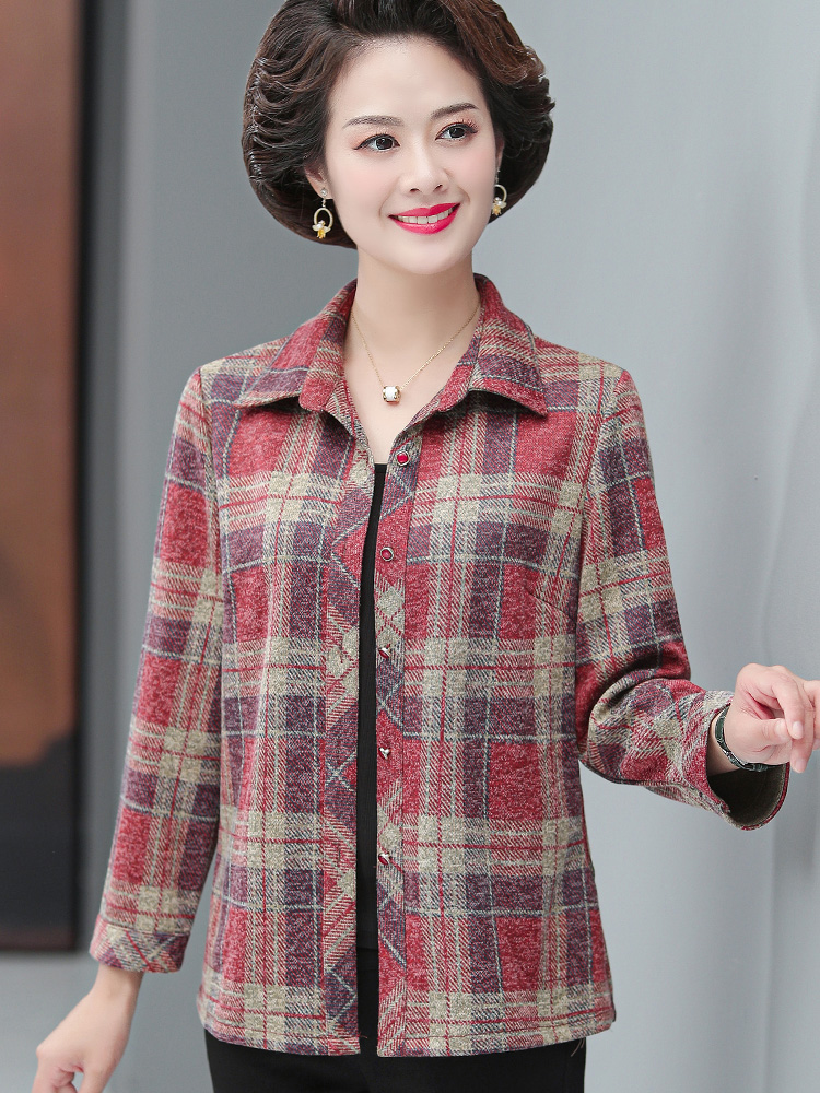 新款秋装中年妈妈格子衬衫洋气薄款外套中老年女士春秋长袖上衣女