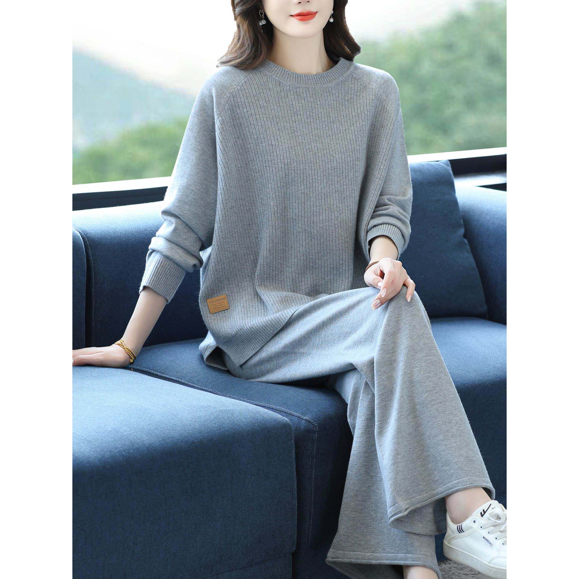 休闲时尚套装女秋季2025新款宽松大码针织中年妈妈装阔腿裤两件套