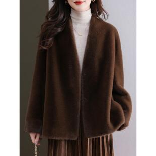 水貂绒皮草大衣外套女开衫中长款宽松大码女装加厚羊毛衫披肩口袋