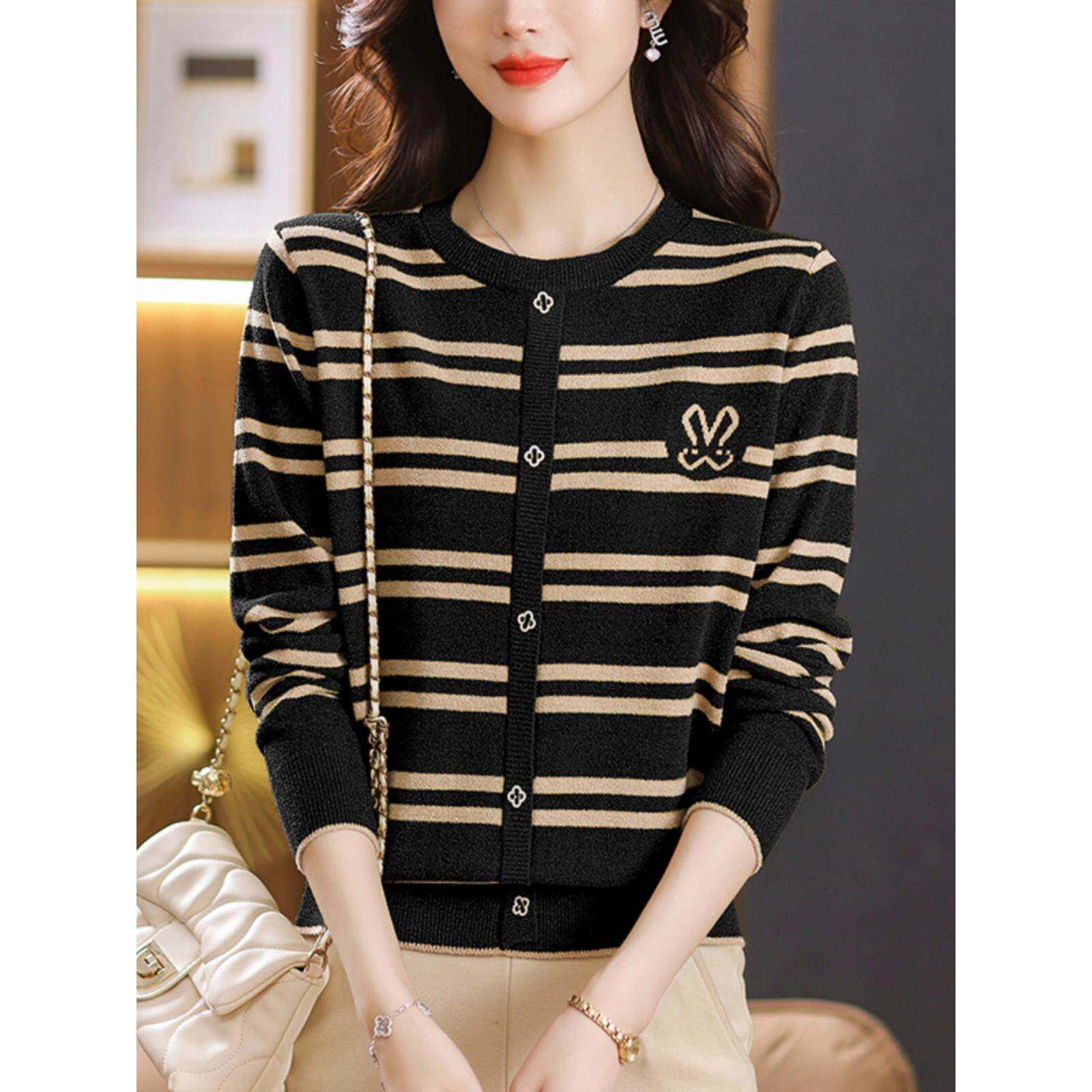圆领条纹打底衫女士秋季2025新款秋冬天鹅绒针织上衣薄款春秋毛衣